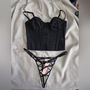 Black Lace Longline Bustier & Strappy Thong Set